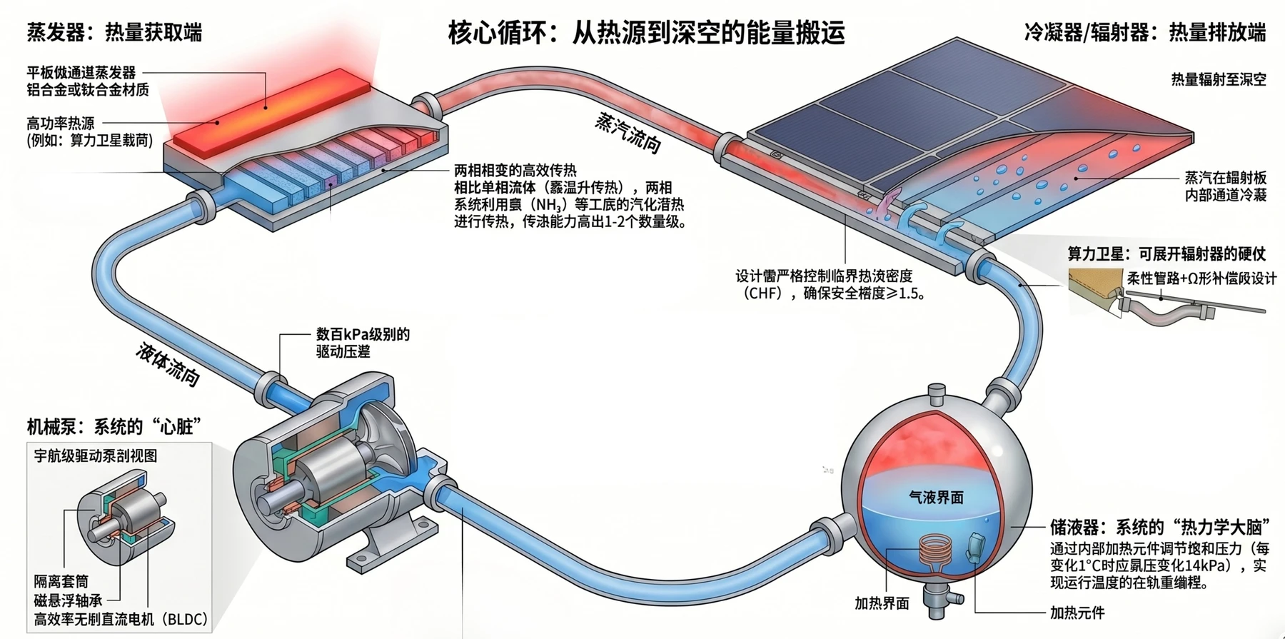 核心循环：从热源到深空的能量搬运——蒸发器热量获取端、蒸汽/液体流向、机械泵、储液器、冷凝器/辐射器热量排放端的泵驱两相流体回路全景图解