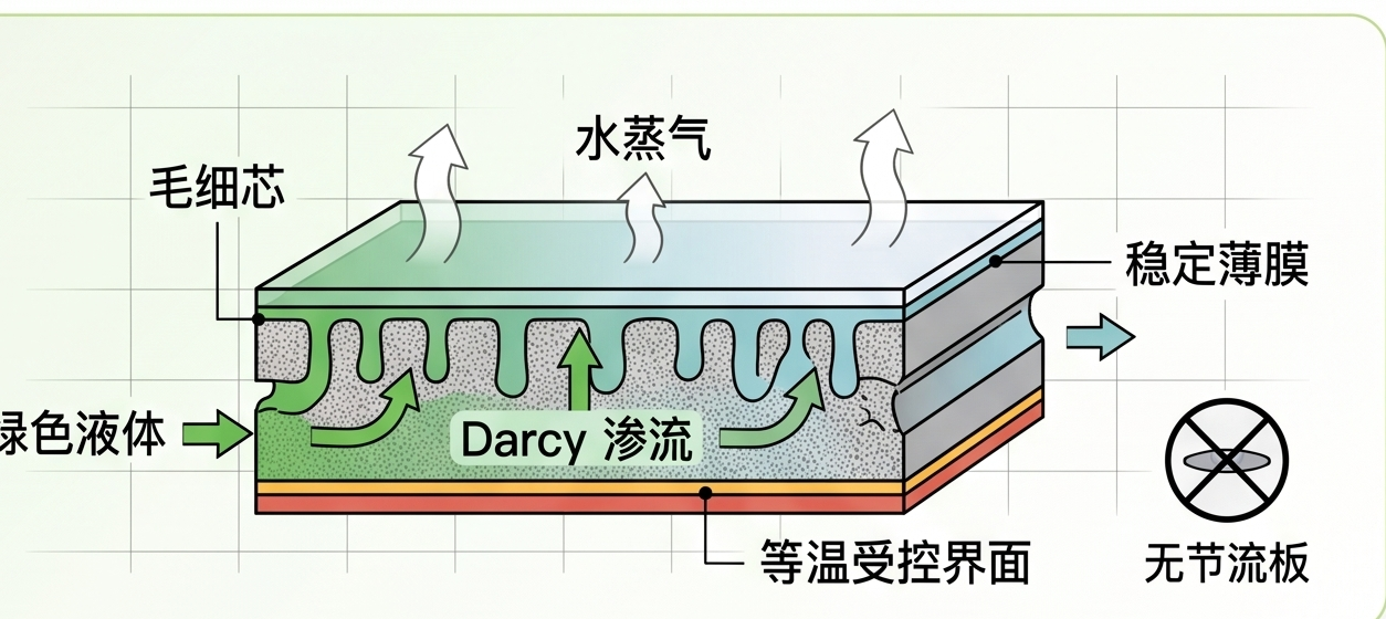 FilmBoil 薄膜蒸发机理：毛细芯形成稳定液膜，绿色液体 Darcy 渗流，水蒸气稳定排出，无需节流板
