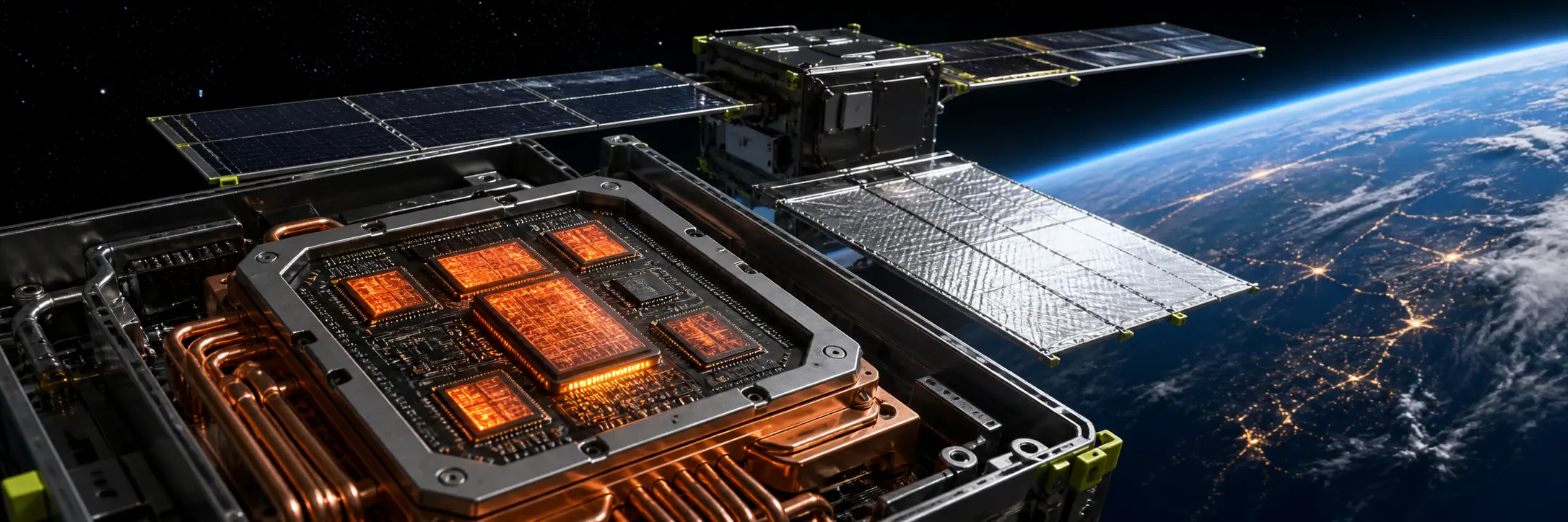 轨道卫星载荷舱内的芯粒 GPU 与 AI 芯片热源，背景包含太阳翼、辐射器与地球
